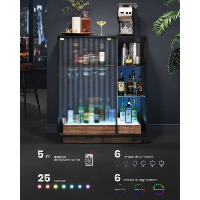 Mobile bar per vini con illuminazione - VASAGLE - Finitura in legno nero - Portabicchiere - Vetro scanalato - Soggiorno