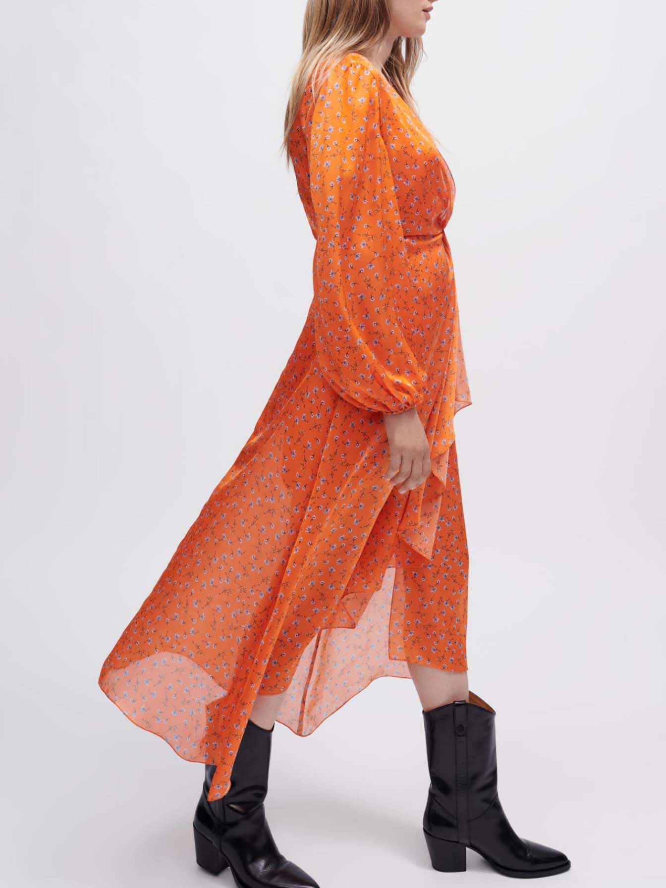 Satijnen jurk met bloemenprint - Oranje
