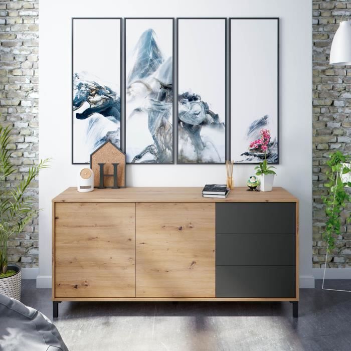Buffet 2 portes 3 tiroirs - Panneaux de particules mélaminé - Chêne et noir - BROOKLYN L 154 cm x  P 41 cm x H 74 cm