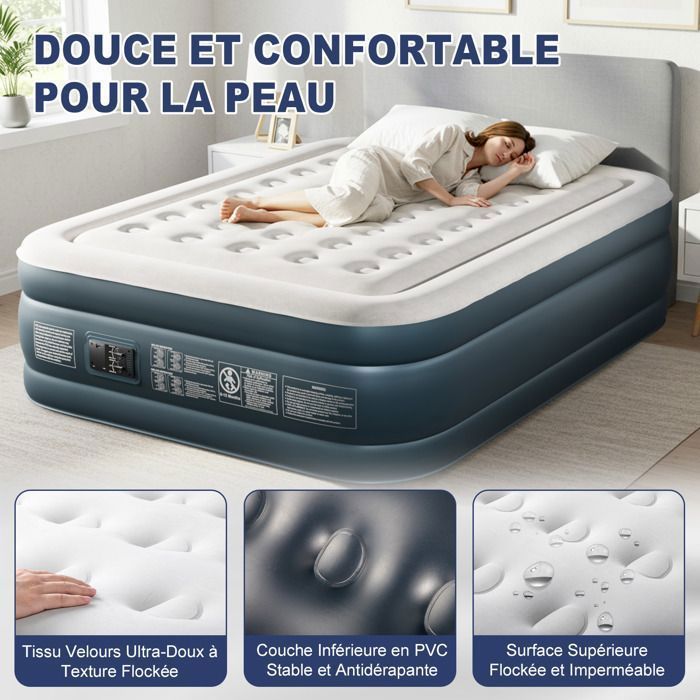 Colchón hinchable para 2 personas, con bomba eléctrica integrada y superficie aterciopelada suave, ideal para camping y hogar, 203 x 153 x 45 cm, color blanco.
