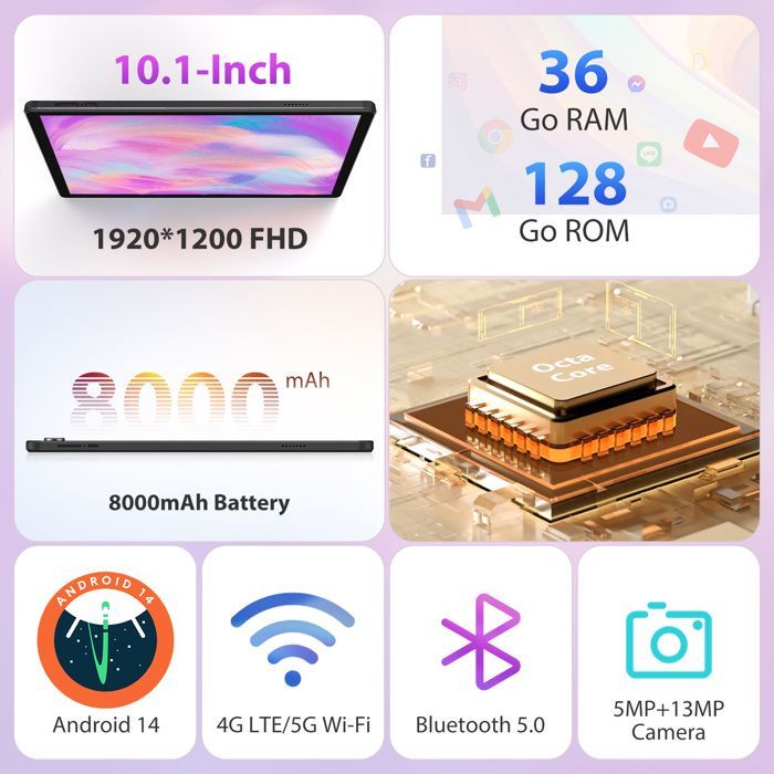 POWMUS 10,1 inch touchscreen tablet, Android 14, 36 GB + 128 GB, 1920*1200, octa-core, 4G LTE/5 GHz wifi, 8000 mAh batterij, inclusief toetsenbord en muis, zwart