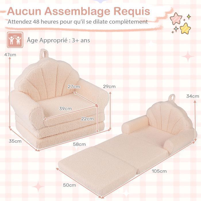 Canapé pour Enfants Pliable COSTWAY  Convertible 2-en-1 avec Motifs de Coquillages, Poignée Légère, Base Anti-Dérapante, Beige