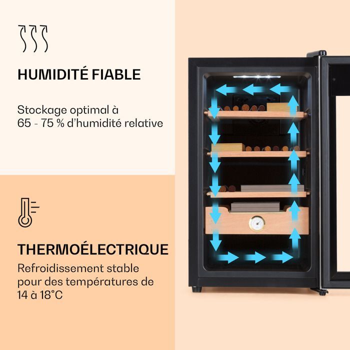 Humidor de cigarros - Klarstein El Presidente 48 - 48 l - 3 estantes - 1 compartimento de madera de cedro - plateado