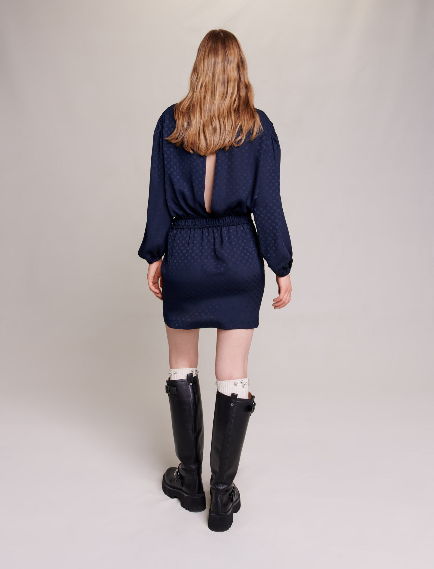 Korte jacquardjurk - Marineblauw
