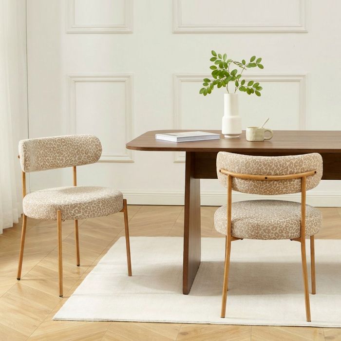 Set of 2 NOA chairs in beige leopard print fabric with metal legs and wood finish