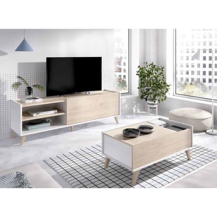 Conjunto de salón NESS: Mueble para TV + mesa de centro elevable - Melamina - Acabado en roble claro y blanco