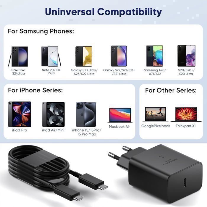 Cargador rápido de 45 W para Samsung, cable USB tipo C compatible con Samsung Galaxy S24, S23, S25 Ultra, S26/S21 FE 5G, etc. (2 m)