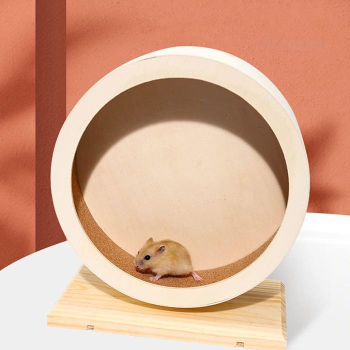 Holzspielzeug für Hamster – Laufrad mit geräuschlosem Laufband – Haustierspielzeug. Etikett: Laufrad für Nagetiere