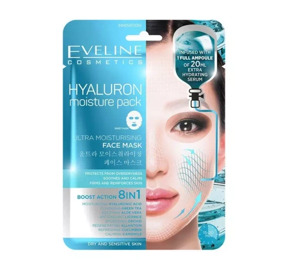 Eveline Cosmetics Hyaluron Moisture Pack maska w płachcie z kwasem hialuronowym 8w1