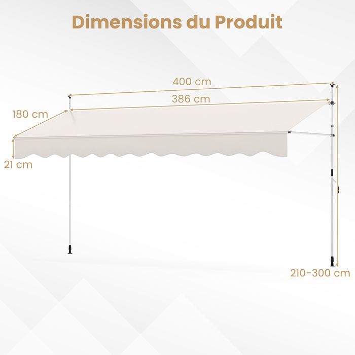 COSTWAY Manual Retractable Awning 4 x 1.2M - Crank Handle, Adjustable Height 210-300CM, White UV-Resistant Patio Awning