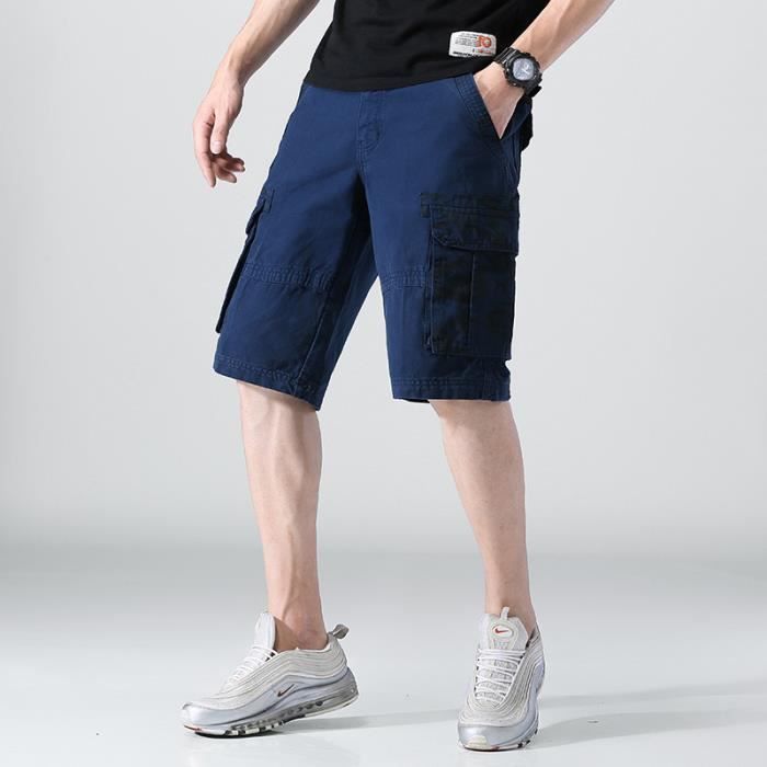 Bermuda Homme Cargo en coton Coupe droite Taille standard Multipoches Camouflage Sans ceinture - Bleu