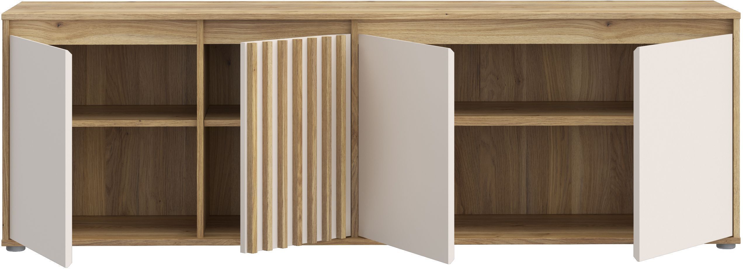 Meuble TV ELISTON – Blanc Mat & Chêne – 4 Portes – 174,3 × 41,5 × 56,1 cm