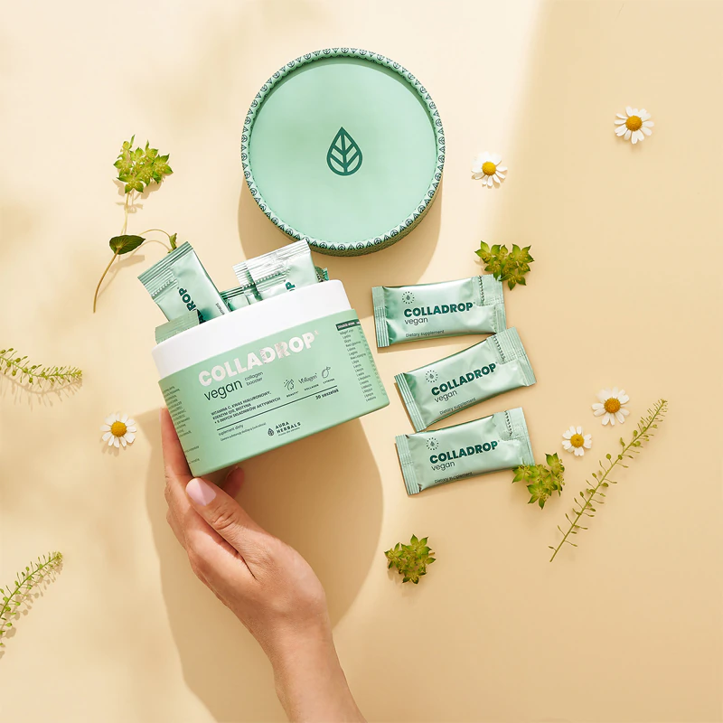 Aura Herbals Colladrop, suplemento alimentar vegano para estimular a produção de colágeno, promovendo cabelos, pele e unhas saudáveis.