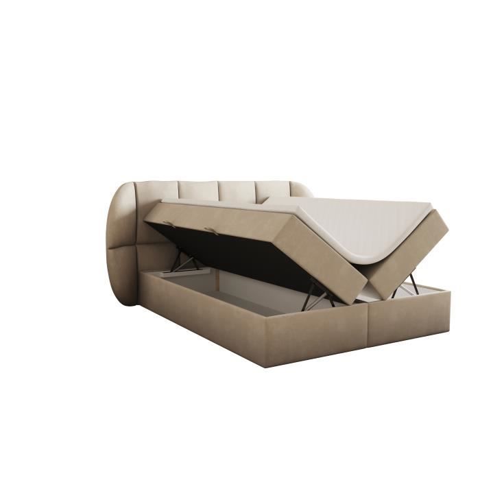 Cama de casal BILBAO 200x200 cm - Estofada com arrumação e colchão - Tecido de veludo - Bege