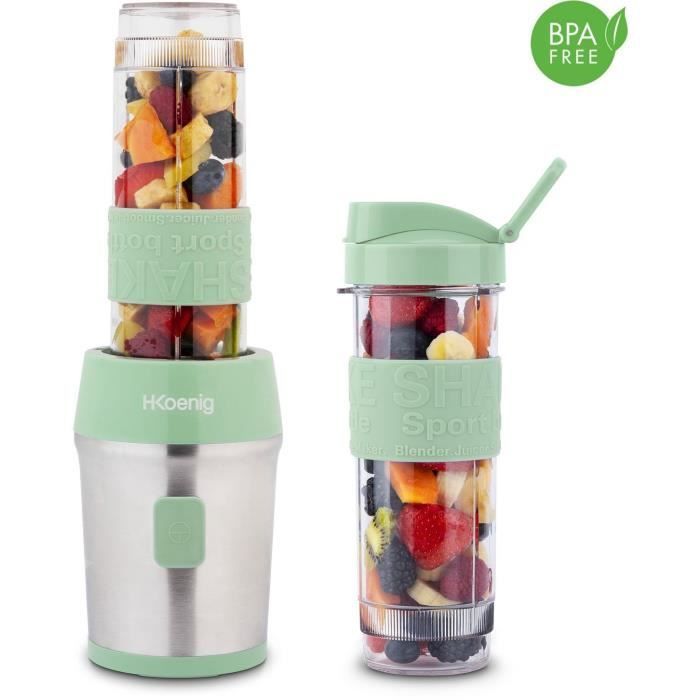 Mini blender - H.KOENIG - SMOO18 - 300 W - 570 mL - Vert pastel - 2 gourdes incluses - Sans BPA