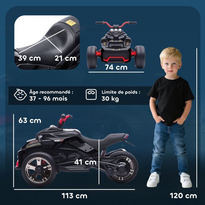 Quad eléctrico infantil - Coche eléctrico para niños - AIYAPLAY - 12V, 3 ruedas, 2 motores, reproductor MP3 - 113 x 74 x 63 cm - Negro