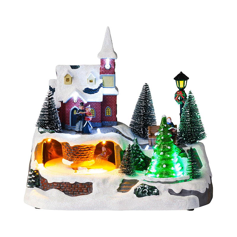 Hjem Julelandsbykirke med slede, hytte med tog