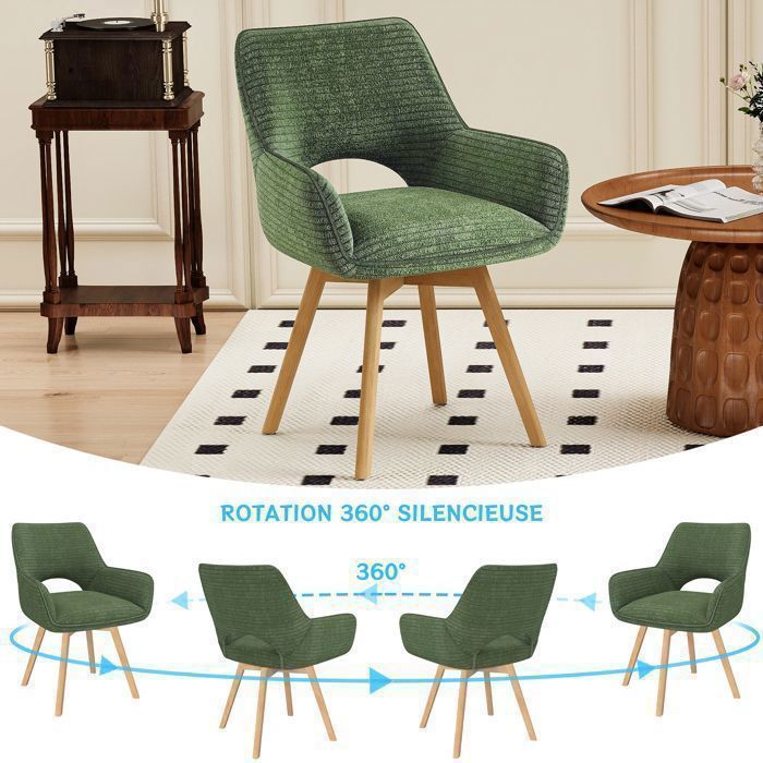 WAFTING Lot de 6 Chaises de Salle à Manger, Fauteuil Pivotantes avec Accoudoirs, Rembourrées avec Dossier en Velours,Bois Pied,Vert