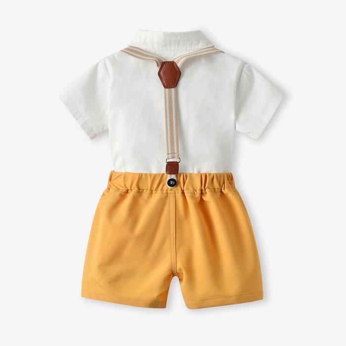Baby Boy Wedding/Baptism Outfit Set: Shirt with Bow Tie and Suspender Shorts - Yellow