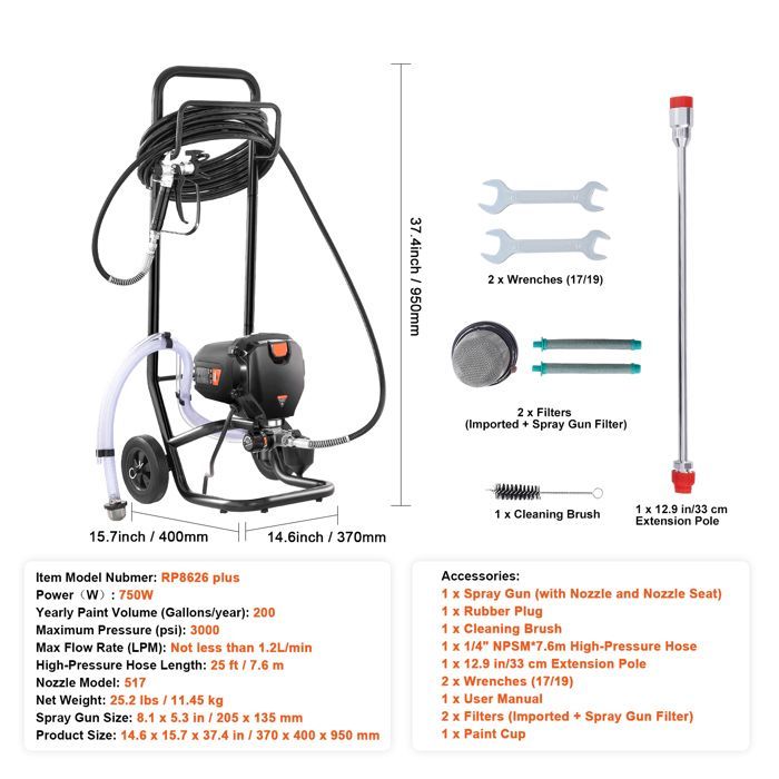 Pistola a spruzzo airless su supporto - Duoku - 750W - Pistola a spruzzo elettrica ad alta efficienza con carrello - 3000 PSI