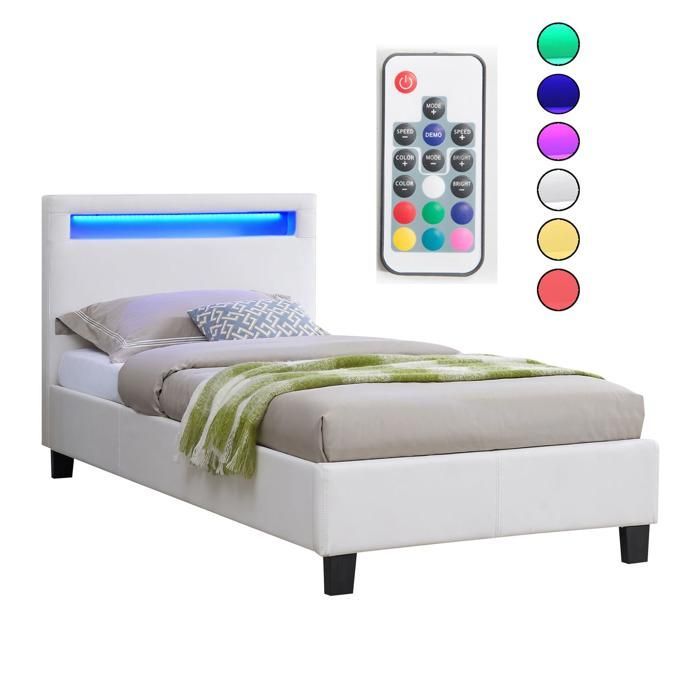 Cama individual LUCENO LED de 90x190 cm con somier de láminas, cabecero confortable y tapicería sintética blanca.