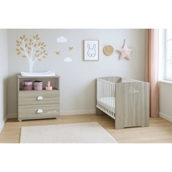 Chambre bébé complète - Lit 120x60 et commode à langer - BABY PRICE - SMILE - Chêne silex