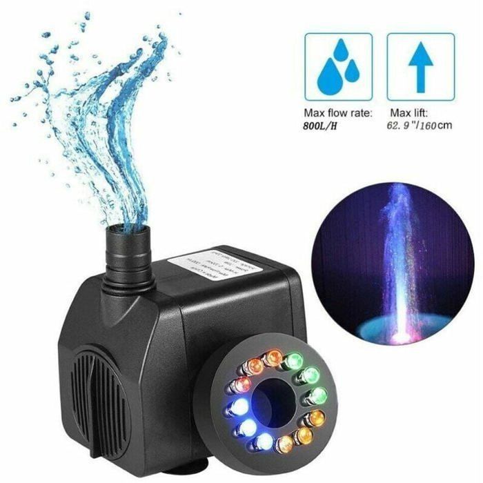 15W fountain pump with a flow rate of 800L/h and 12 integrated LEDs, ideal for ponds and gardens.