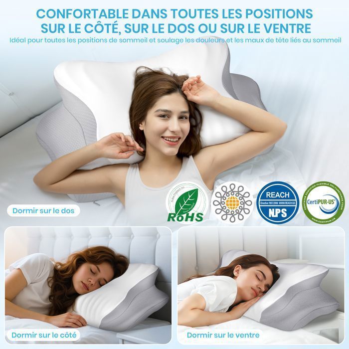 Oreiller Ergonomique Cervical ,Oreiller Memoire Forme pour la Nuque Taie d'oreiller en soie glacée , 62 x 37.3 x 14.4/9cm Gris Blanc