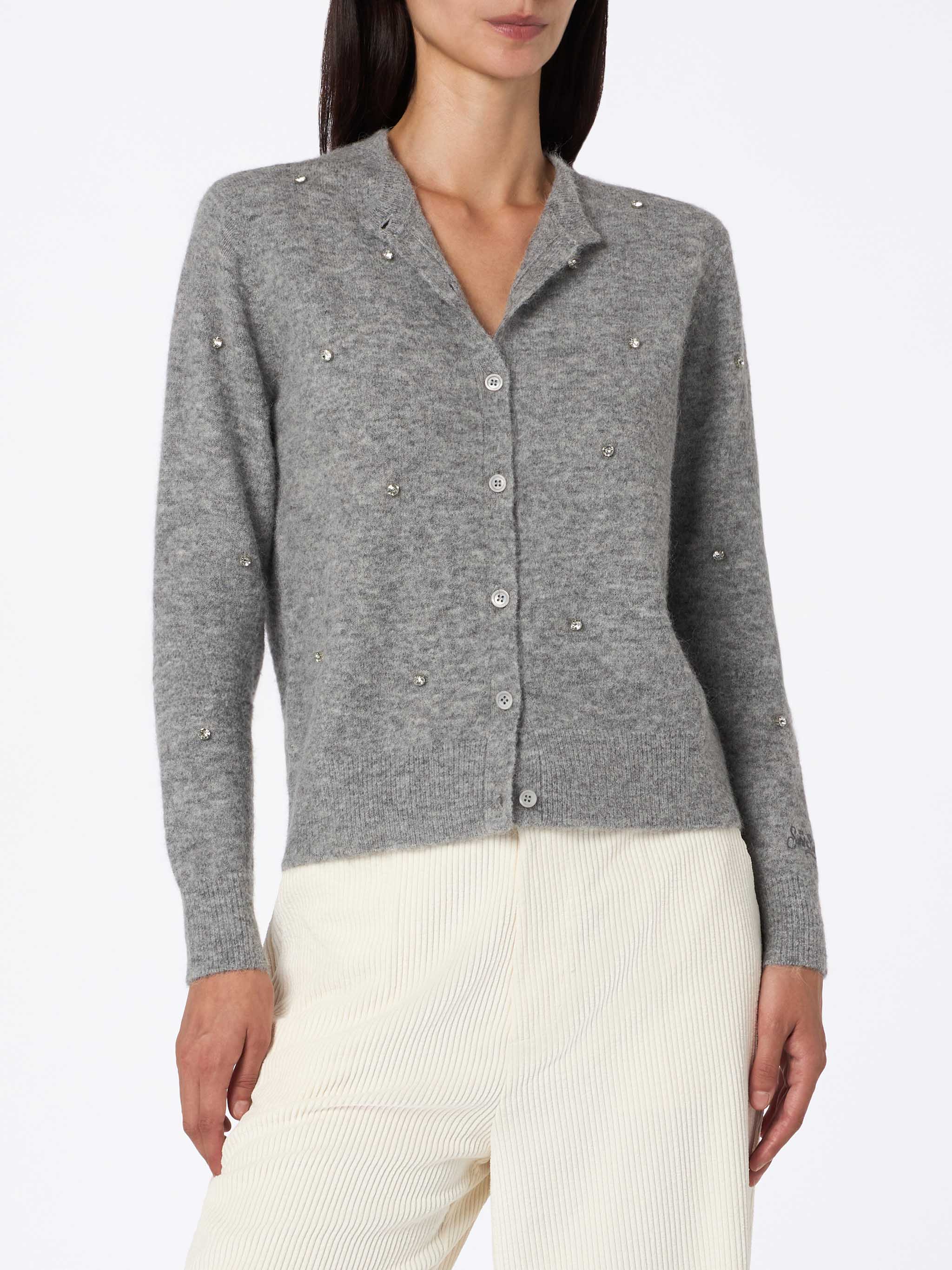 Grijze Bellamy damescardigan met zilveren strass-steentjes