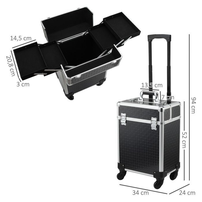 Maletín de maquillaje con ruedas - HOMCOM - neceser cosmético con asa telescópica ajustable - aluminio - 34x24x52cm - negro