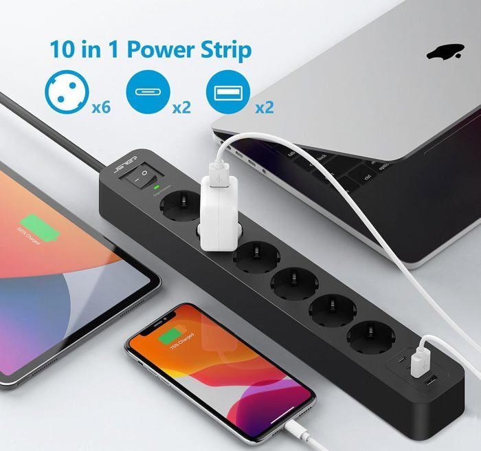 Regleta protectora contra sobretensiones USB de 6 tomas con 2 puertos USB-A + 2 puertos USB-C + cargador (5V 3.4A)