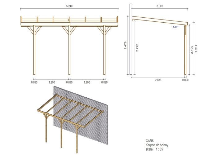 Cochera, cobertizo para coche 3x5,24 m - 15 m2 - adosado - CAR6