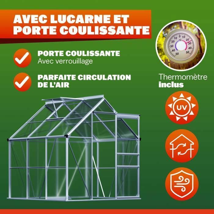 GARDEBRUK® Serre de jardin aluminium 3,6m² 190x190cm 1 lucarne serre à tomates plantes légumes fleurs hivernage semis 5,8m³