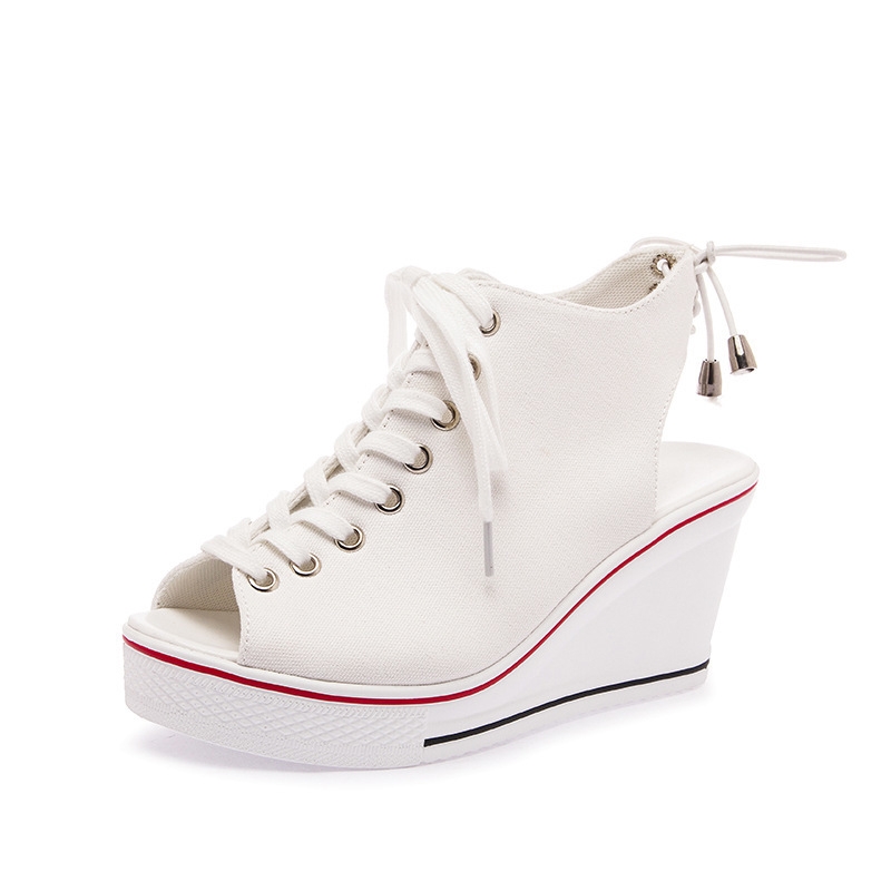 New Spring Summer Canvas Shoes Slanted Heel Lace Casual Women's Shoes 8cm High Open Toed Shoes Platform Sandals