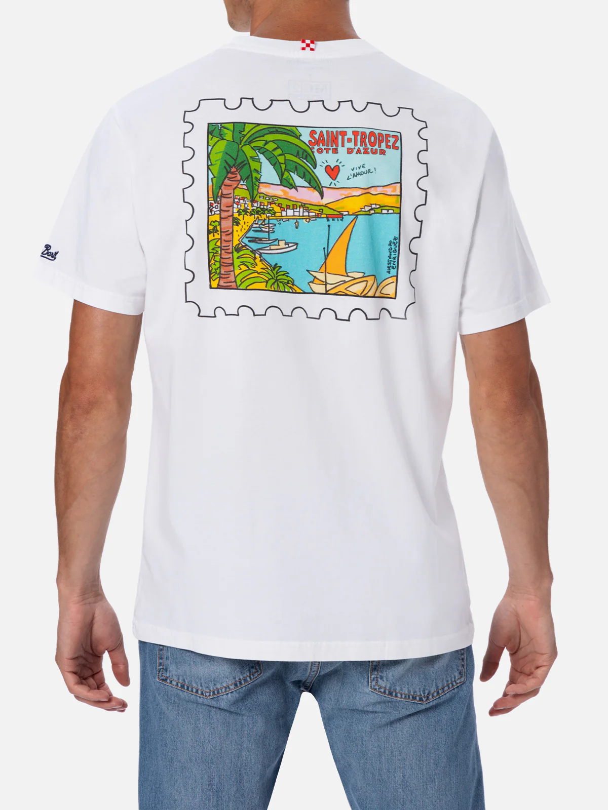 T-shirt da uomo in cotone con stampa cartolina St. Tropez fronte e ret