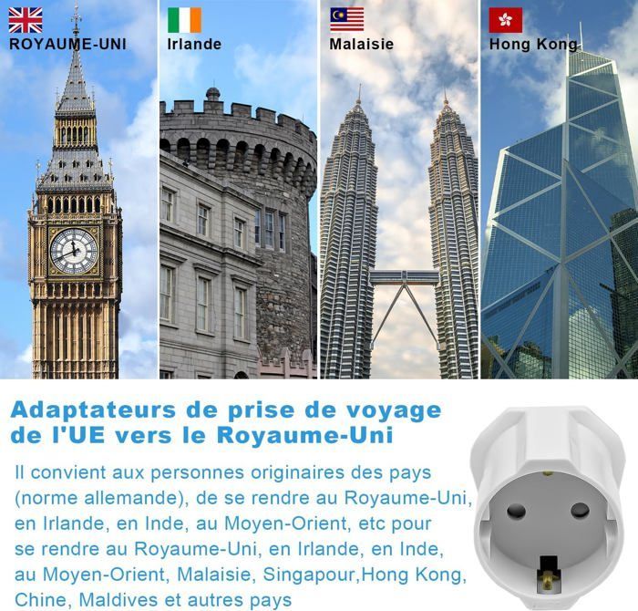 Britse stekkeradapter, reisadapter Frankrijk naar VK, Ierland, Schotland, Dubai, Malta, type G-adapter, 2 stuks