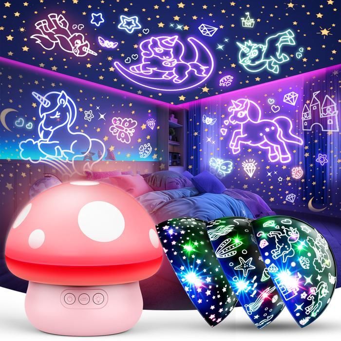 Veilleuse champignon pour enfant ATOPDREAM,Etoiles + licornes + sirènes interchangeables,Rotation à 360°,minuteur,Rouge