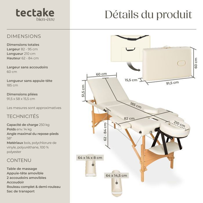 Table de massage - TECTAKE - Table de soin DANIEL piante et réglable en hauteur 3 zones 210 x 95 x 84 cm - Beige