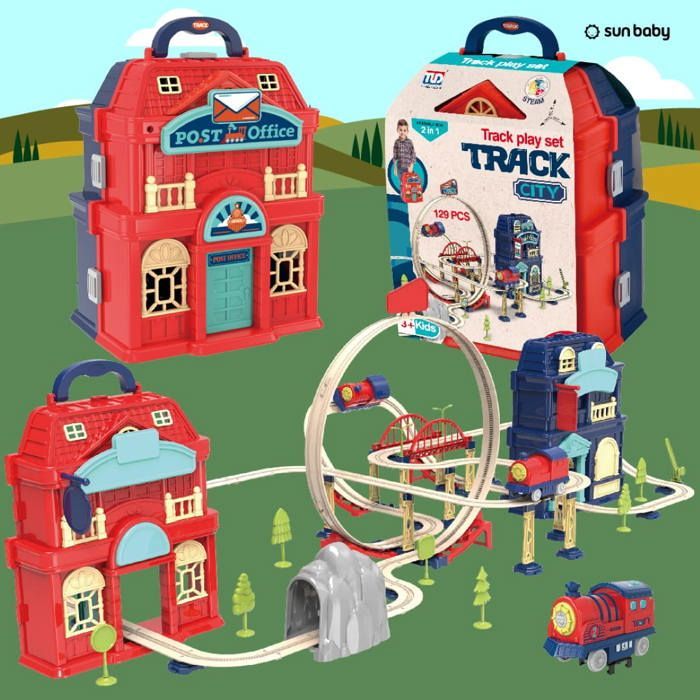 Conjunto de trem elétrico Sun Baby para crianças a partir de 3 anos - Loop, Viaduto, Barreira, Estação e Lojas