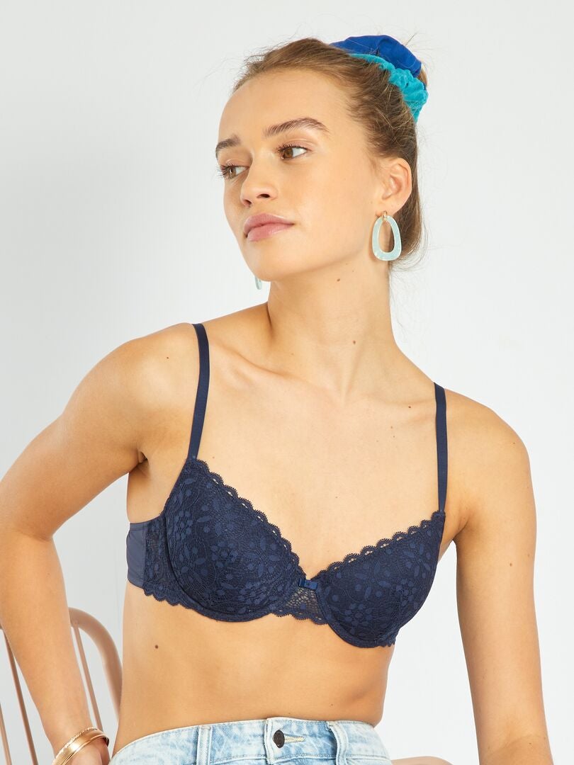 Sutiã acolchoado de renda - azul e preto