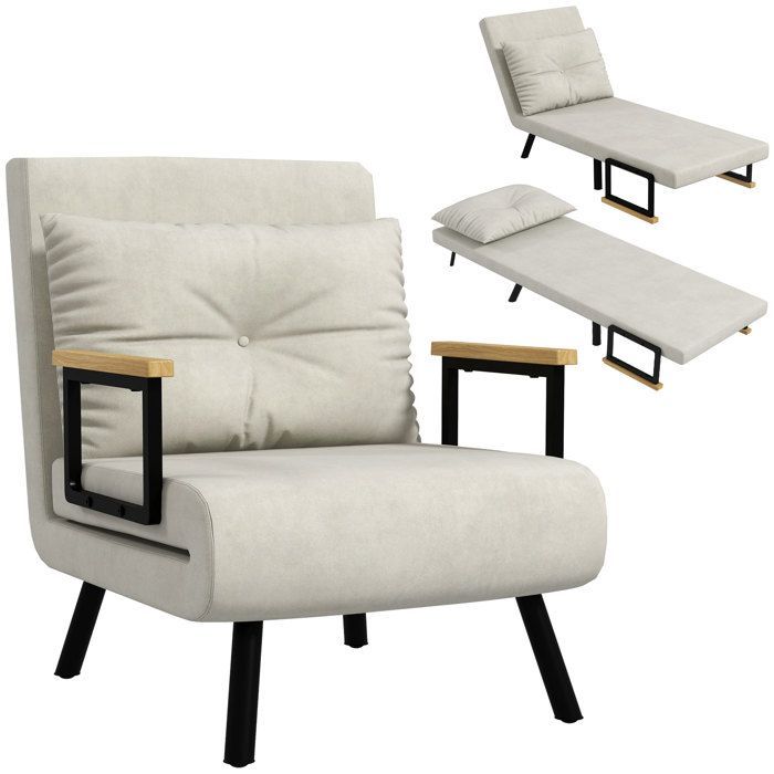 Sillón convertible 4 en 1 HOMCOM, que se transforma en sofá cama individual, con respaldo ajustable, reposabrazos y cojín de madera, tapizado en tela efecto terciopelo color crema.
