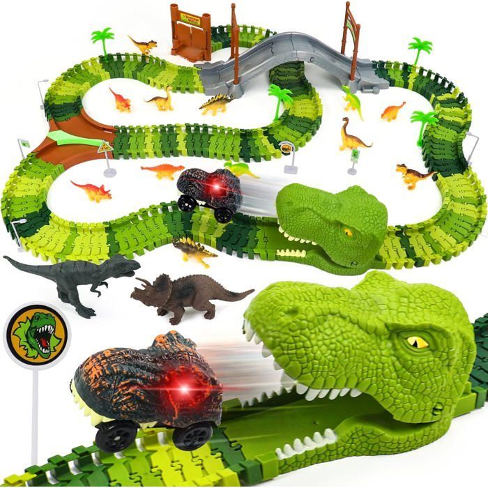 Pista de coches para niños - BLEOSAN - Pista de coches de dinosaurios para niños - 144 piezas - 14 dinosaurios - Coches LED