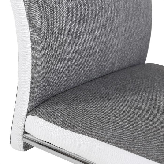 Juego de 4 sillas ALBA para comedor o cocina con asientos acolchados y patas cromadas, tapizadas en tela gris y blanca.