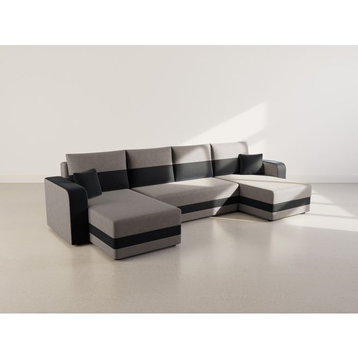 Harvey - Sofá cama panorámico en forma de U de 7 plazas con espacio de almacenamiento en tela bicolor - Negro / Gris