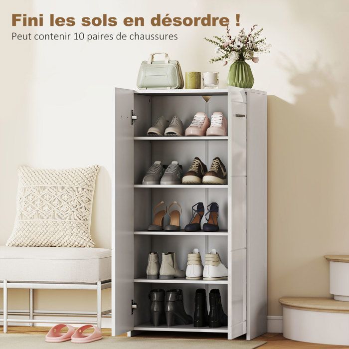 Zapatero - HOMCOM - 10 pares - 5 niveles de estantes ajustables - tablero de partículas - 55x36x108cm - blanco brillante