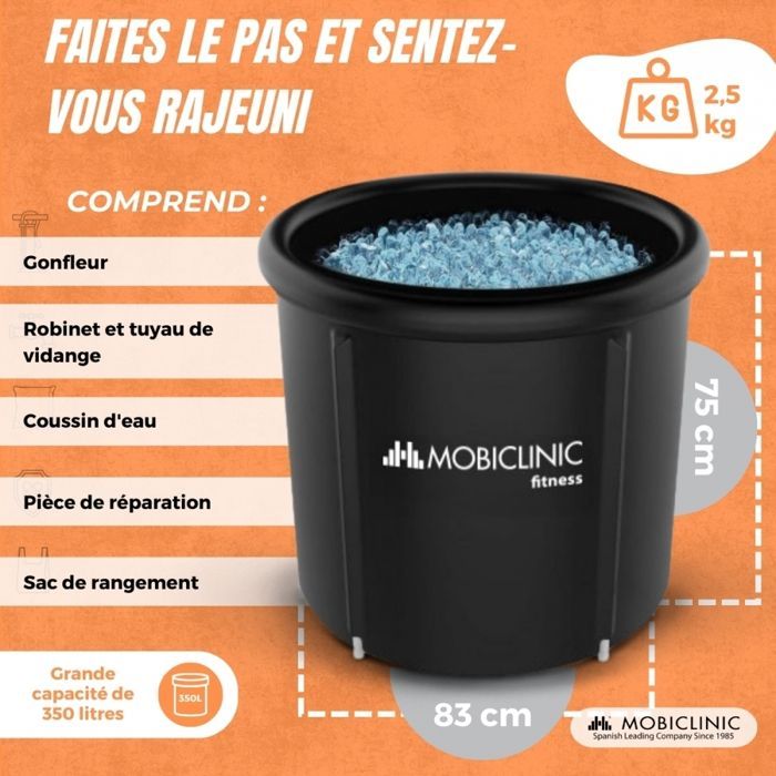 Vasca da bagno Mobiclinic 350L per il recupero muscolare con coperchio, 80x80x70 cm, ghiaccio, acqua calda, gonfiabile, Artico
