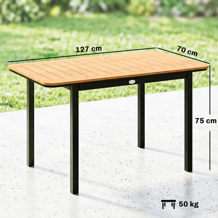 Mesa de jardín rectangular de madera compuesta con estructura metálica y tablero de listones, 127x70cm, color marrón [sillas no incluidas].
