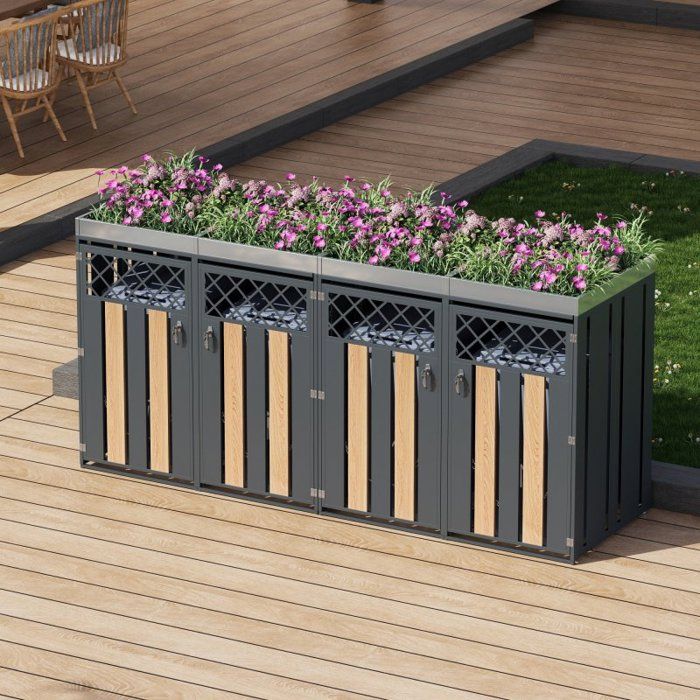 Cache-poubelle - LANGTU - 4 bacs avec jardinière - Acier galvanisé - Portes aspect bois - Ventilé & verrouillable