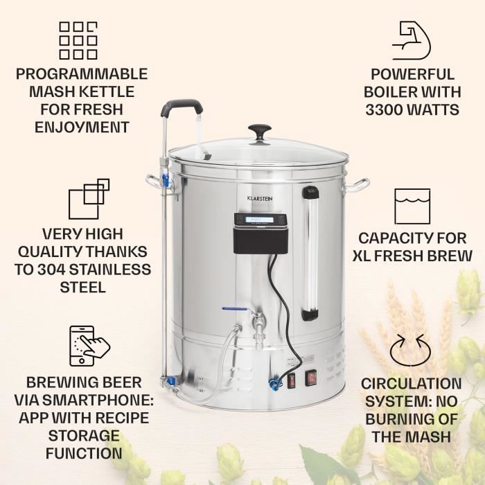 Kit completo para elaborar cerveza Klarstein con olla, 2500 W, 65 L, modo automático, tanque de fermentación, acero inoxidable.