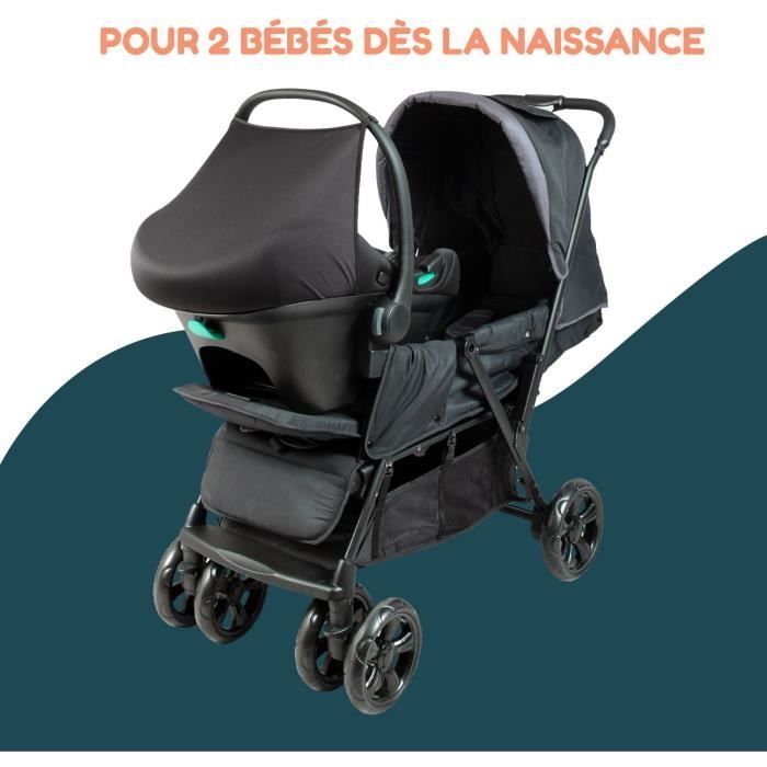 Passeggino doppio BAMBISL - Combinazione passeggino doppio + seggiolino auto i-Size - 4 ruote - Nero